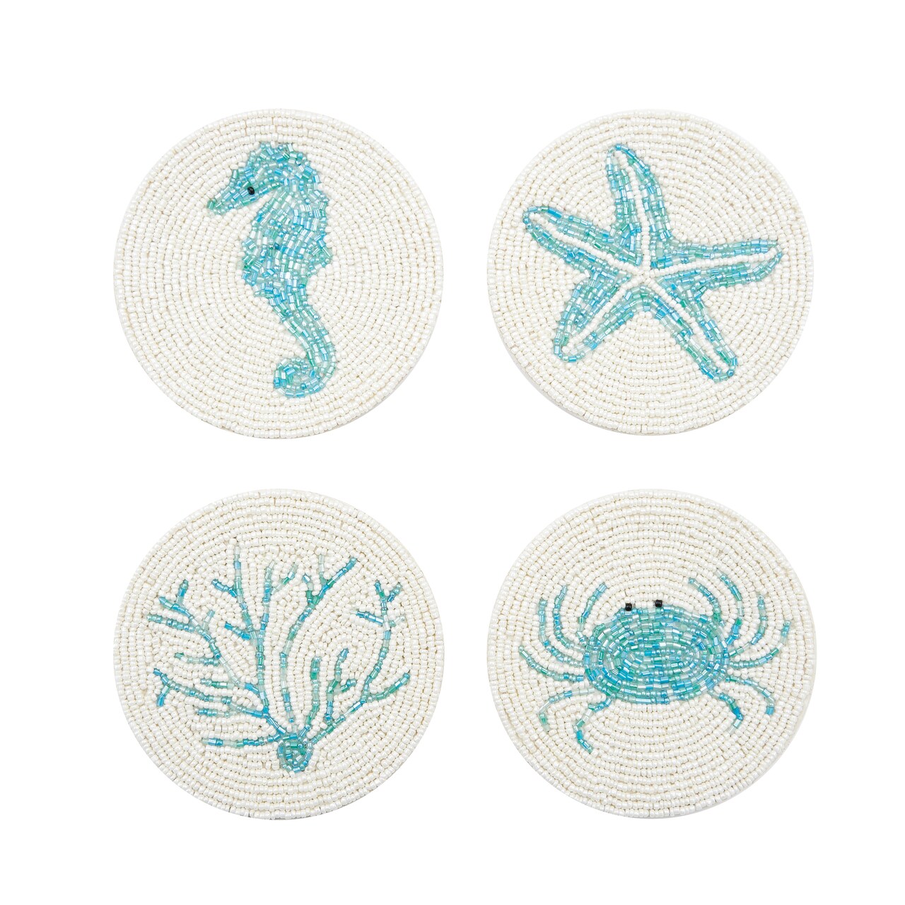 Decorative Beaded Coral Seahorse Starfish Crab Coasters, Set of 4